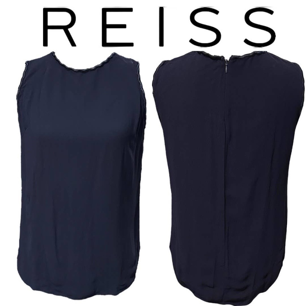 REISS Bonnie Navy Scallop Trim Blouse